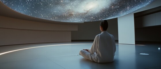 A person in white meditates beneath a vast dome depicting a swirling galaxy, creating a serene ambiance.