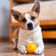 A close-up photo with deep focus, eye-level shot of a dog and cat playing with a toy, emphasizing their close-up expressions and the fine details of their interactions in a portrait
