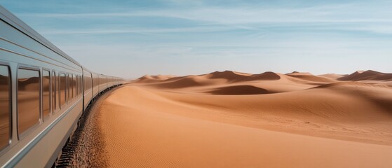 Obraz premium A train travels through immense desert dunes under a clear sky, offering a serene view of an expansive and untouched landscape.