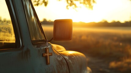 Nostalgic Summer Sunset Through Side Mirror Classic Car Vehicle Reflection Rural Landscape Golden Hour Atmospheric Country Scene Summer Evening Drive