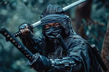 Fototapeta premium Japanese ninja warrior dressed in samurai clothes holding a sharp sword