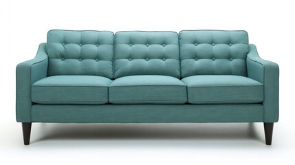 Teal tufted sofa with wooden legs on a white background.
