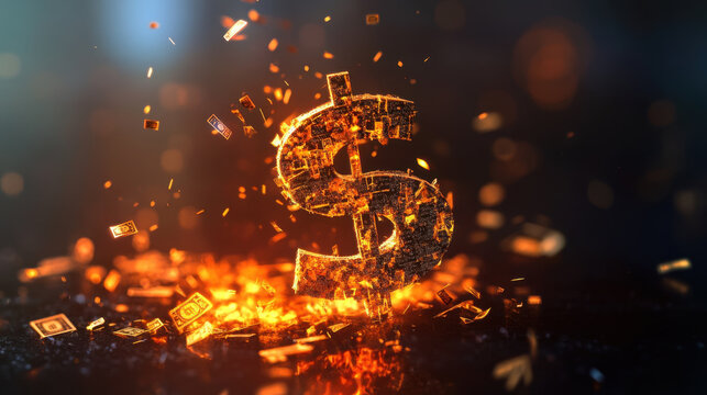 glowing dollar symbol surrounded by fiery fragments represents financial concepts and economic themes. image conveys sense of urgency and transformation in monetary world