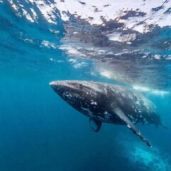 Fototapeta premium A medium shot low angle photo of a whale calf swimming close to its mother, with soft focus on the tender connection and the peacefulness of the scene.