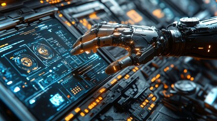 An android interacting with holographic servers in a futuristic control room setting