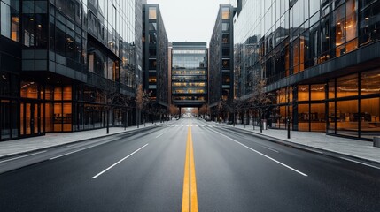 Obraz premium Symmetrical view of an urban street flanked by modern glass buildings reflecting a cloudy sky, with warm interior lights visible through large windows.