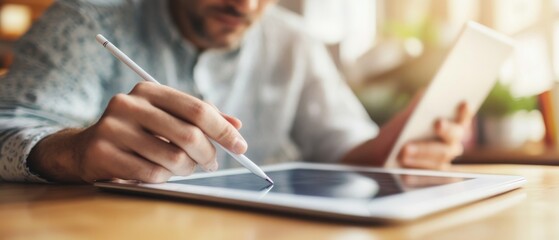 A person uses a stylus on a digital tablet, engrossed in creative or technical work under warm, inviting light.