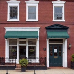 Fototapeta premium A high-resolution ultrarealistic image of a quaint small-town main street featuring a row of historic brick buildings. The architectural style is varied, with arched windows, intricate brickwork, and 
