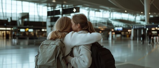 Two friends share a heartfelt embrace in a bustling airport, capturing a moment of reunion and companionship amidst farewells.