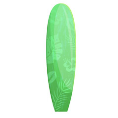 Green Malibu Surfboard or Funboard with monstera and palm leaf patterns and Hawaiian colors. summer vibes and water sports enthusiasts