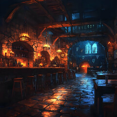 Illustration of Medieval Tavern Interior Night Scene