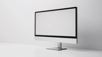 Fototapeta premium Minimalist desktop monitor with slim black borders and a stylish silver base; floating in a blank white space with no background