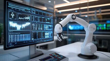 An automated trading system in action, with robotic arms operating on a small-scale trading station while a digital display shows real-time AI decisions and profits