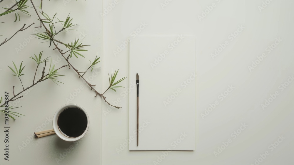 Poster an elegant calligraphy setup in a minimalist room, calligraphy brush and ink precisely placed, zen m