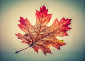 Fototapeta premium Vintage Style Photography of a Single Red Oak Leaf Isolated on Background, Perfect for Nature and Autumn-Themed Graphics and Designs