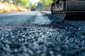 Paver is laying fresh asphalt on a countryside road, creating a smooth new surface