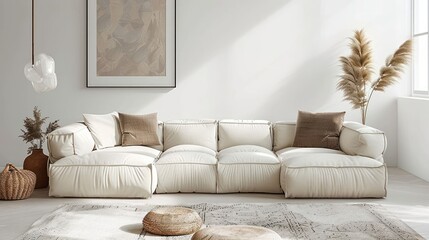 A white sectional sofa with brown pillows and a beige rug in a minimalist living room.