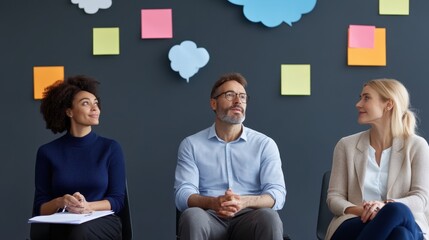 Three people in a brainstorming meeting sitting against a black wall with colorful sticky notes and speech bubbles