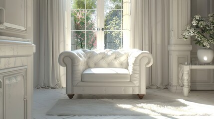 White armchair in a bright room with a window and curtains.