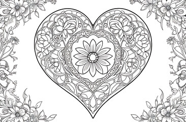 A detailed coloring book page featuring an intricate heart design, filled with floral patterns and delicate line work, perfect for a relaxing and creative activity.