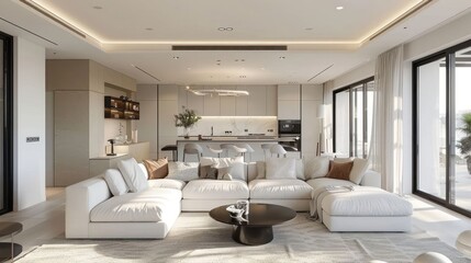 Fototapeta premium Modern living room with white sectional sofa, large windows, and an open kitchen.