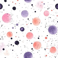 Seamless pattern featuring watercolor circles in pink, purple, and peach, interspersed with small black dots on a white background, creating a cheerful and playful design