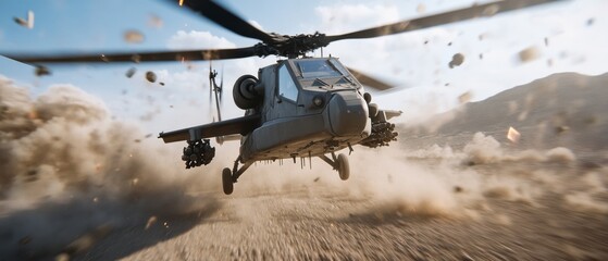 Naklejka premium A helicopter rises from a dusty terrain as debris scatters, capturing an intense moment of military maneuver.