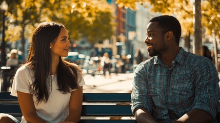 Fototapeta premium Serendipitous Gaze - A Cinematic Love Story Unfolding in a Sunlit Park Bench Encounter