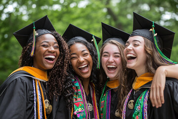 A diverse group of multiracial college graduates celebrating on their graduation day, laughing and smiling.