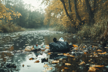 garbage in a river for showing pollution in environmental problem close-up shot generated by AI