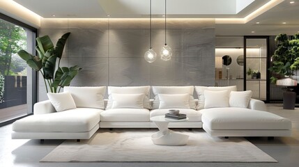 Modern living room with white sectional sofa, large windows, grey wall, and a white coffee table.