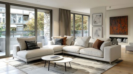 Modern living room with a large sectional sofa, two coffee tables, and a rug. The room is decorated with artwork and plants. The large windows let in natural light.