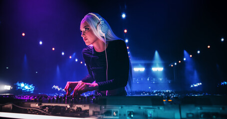 Portrait of Beautiful Young Woman Working in the Entertainment Industry. Female DJ Performing on...