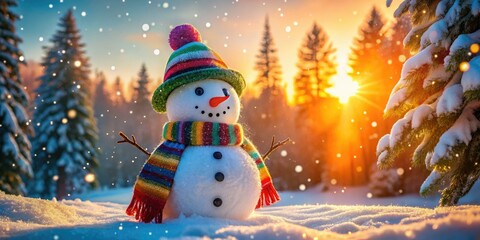 Obraz premium Cheerful Snowman in a Snowy Forest at Sunset Radiating Winter Joy and Playfulness