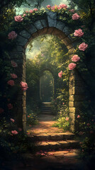 Obraz premium Illustration - Secret Garden Path with Rose Arches