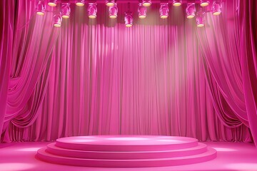 A stage with vibrant pink curtains and bright spotlights shines