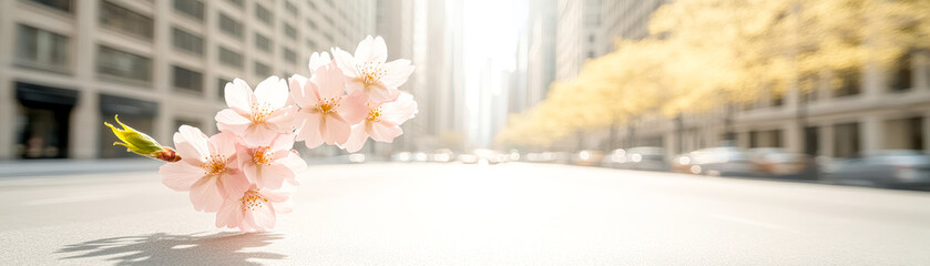 A delicate branch of pink blossoms rests on a sunlit city street, creating a serene contrast against the blurred urban backdrop, Ideal for springtime themes, nature, or city life projects,