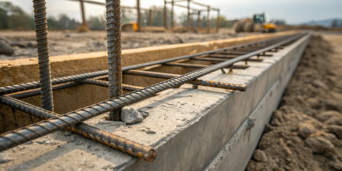 A construction site featuring reinforced concrete with exposed steel bars, showcasing foundational work in progress for a building.