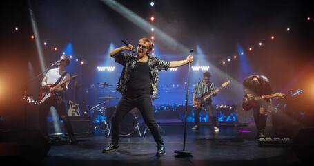 Professional Rock Musicians Performing Under Falling Confetti on Festival Stage, Playing Popular...