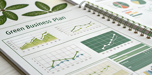 A green business plan showcased in a notebook, featuring graphs and charts depicting sustainability trends and statistics.