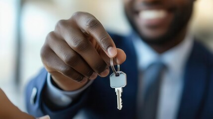 close-up of a smiling real estate agent handing over keys to a joyful couple, capturing the essence of trust and achievement in home ownership