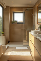 salle de bain, douche, baignoire, vasque, cocooning, intérieur 3D réaliste, HDR, photographie immobilière, décoration, tendance, architecte, design, mode, élégant, fonctionnel, chaleureux