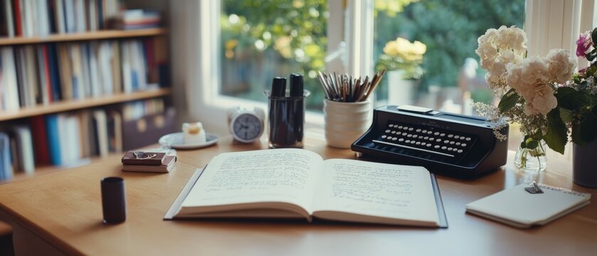 A cozy study with an open journal and typewriter, bathed in soft morning light, offers an inviting space for creativity and reflection.