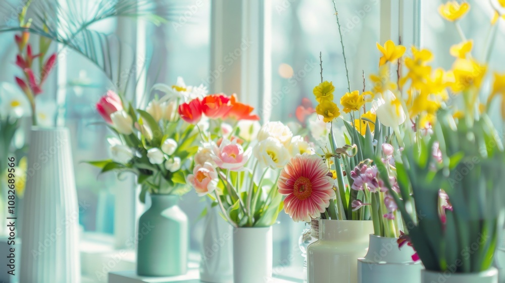 Poster an elegant flower arranging setup in a bright conservatory, flowers and vases neatly placed, artisti