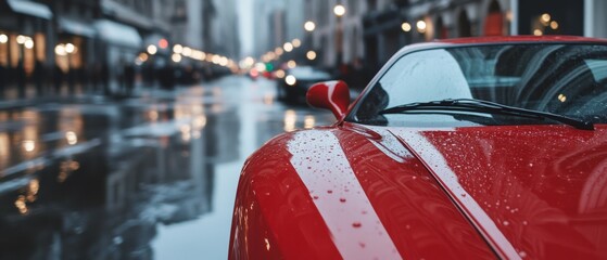 A vivid red sports car reflects city lights on wet pavement, juxtaposing urban energy and sleek...