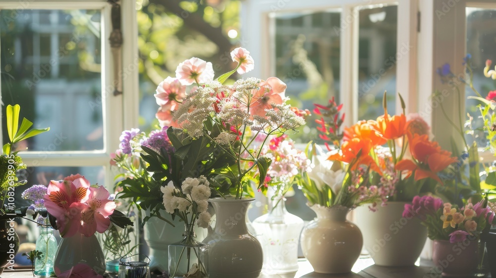Poster an elegant flower arranging setup in a bright conservatory, flowers and vases neatly placed, artisti