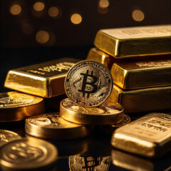 Gold bars and bitcoin coins, wealth, digital crypto finance 