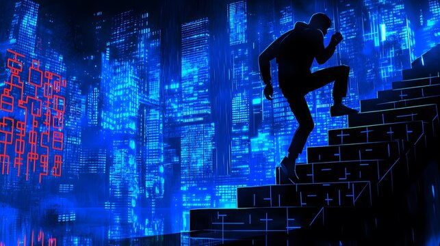 Person climbing a sleek set of stairs with futuristic cityscape in the background. 