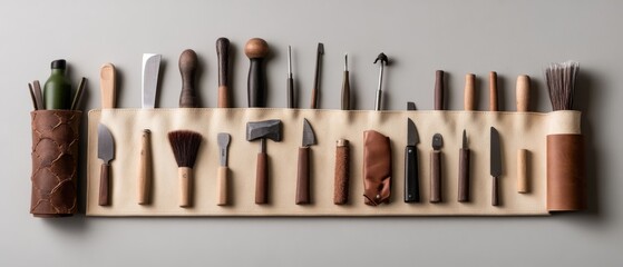 A curated display of woodworking and culinary tools, neatly organized with an emphasis on wood and metal textures, reflecting craftsmanship.