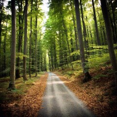 Naklejka premium A high-resolution photograph of a lush forest pathway. This scene captures a serene dirt trail winding through a dense deciduous forest with tall trees covered in vibrant green leaves. Dappled sunligh
